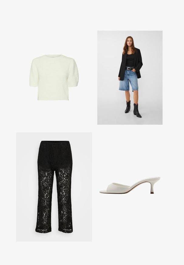 Sort blazer over en sort tanktop, parret med lyseblå denimshorts og sorte cowboy støvler. Bæltet har sølvnitter.; Hvid kortærmet sweater med en tekstureret, fluffy overflade, rund halsudskæring og cropped pasform. Blødt materiale og enkelt design.; Sorte blonde viddebukser med uigennemsigtig underbuksefor, blomster mønster og elastisk talje på ensfarvet baggrund.; Hvide åbne højhælede mules med en glat finish, minimalistisk design og en slank hæl, der har en subtil brun accent på sålen.