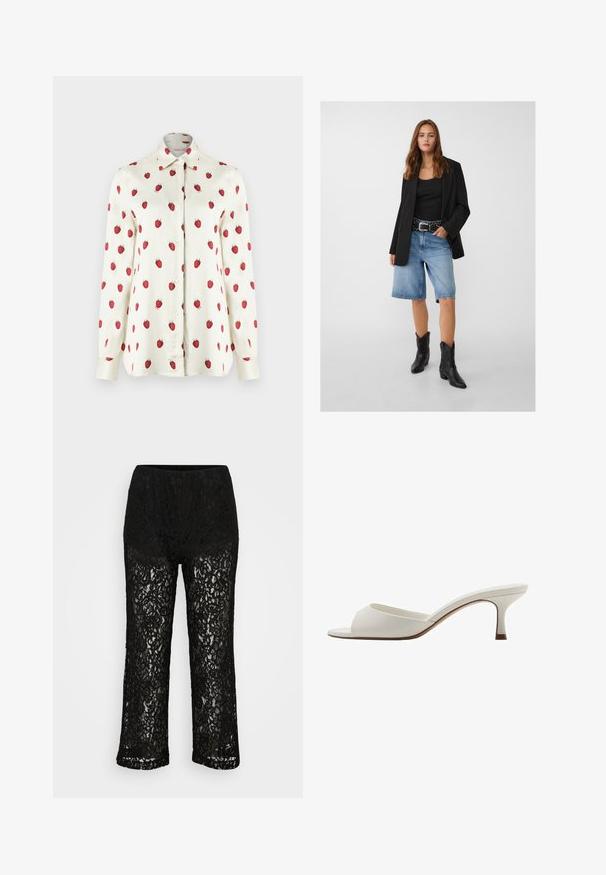 Sort blazer over en sort tanktop, parret med lyseblå denimshorts og sorte cowboy støvler. Bæltet har sølvnitter.; Hvid skjorte med knapper og jordbærtryk i rødt. Lange ærmer, klassisk krave og glat stof med en blød tekstur.; Sorte blonde viddebukser med uigennemsigtig underbuksefor, blomster mønster og elastisk talje på ensfarvet baggrund.; Hvide åbne højhælede mules med en glat finish, minimalistisk design og en slank hæl, der har en subtil brun accent på sålen.