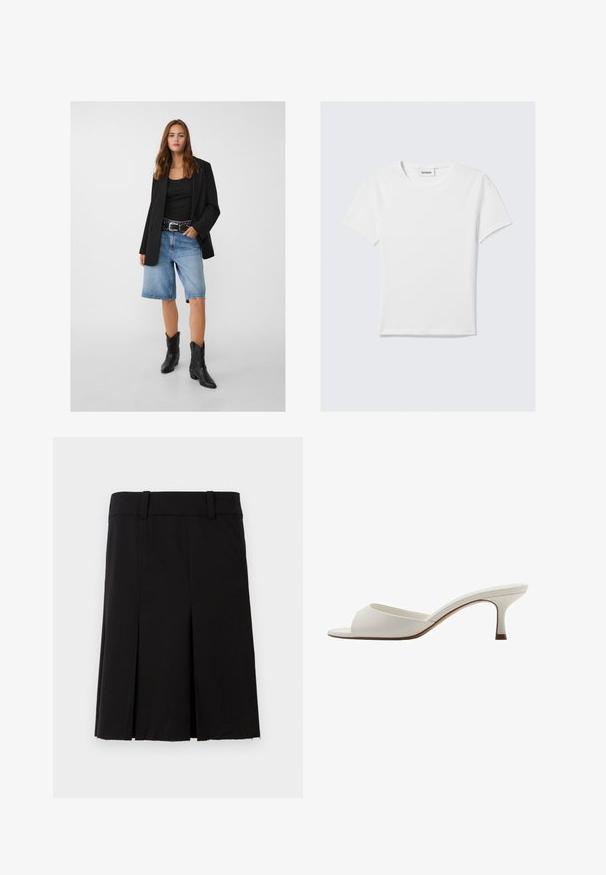 Black blazer over a black tank top, paired with light blue denim shorts and black cowboy boots. The belt has silver studs.; White short-sleeve T-shirt made of cotton. Features a crew neck, a plain design, and a logo label at the neckline. Smooth texture.; Black pleated skirt made from fabric with a smooth texture. Features a fitted waistband and a straight cut with a knee-length hem.; White open-toed high-heeled mules with a smooth finish, minimalist design, and a slender heel, featuring a subtle brown accent on the sole.