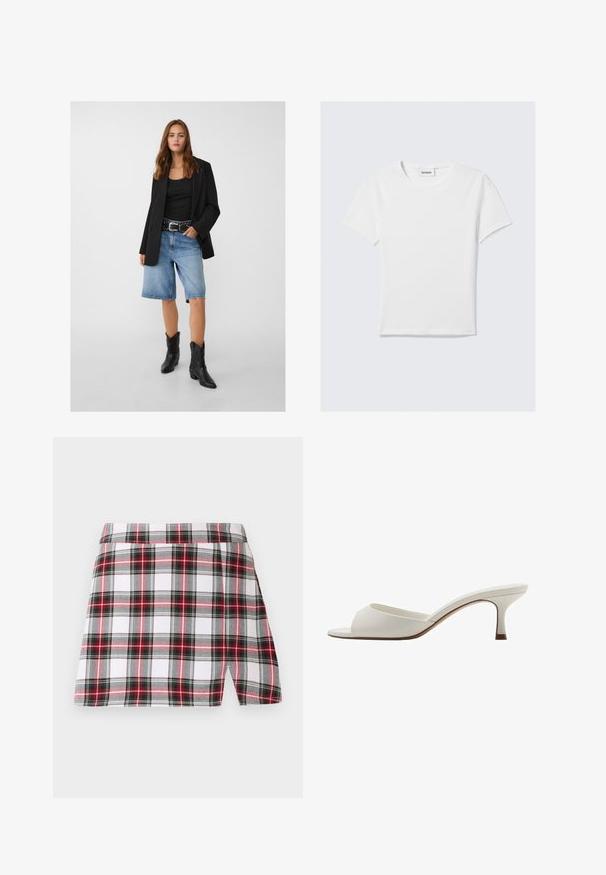 Črn blejzer nad črnim topom, v kombinaciji s svetlo modrimi denim kratkimi hlačami in črnimi kavbojskimi čevlji. Pas ima srebrne zakovice.; Bela kratka majica s kratkimi rokavi iz bombaža. Ima krožni izrez, enostaven dizajn in oznako logotipa na izrezu. Gladka tekstura.; Karo mini krilo v beli, rdeči in črni barvi z bočnim razporkom, ravnim pasom in lahkim materialom. Oblikovanje vključuje vodoravne in navpične črte.; Bele odprte visoke petke z gladko površino, minimalističnim oblikovanjem in vitko peto, ki ima subtilen rjav odtenek na podplatu.