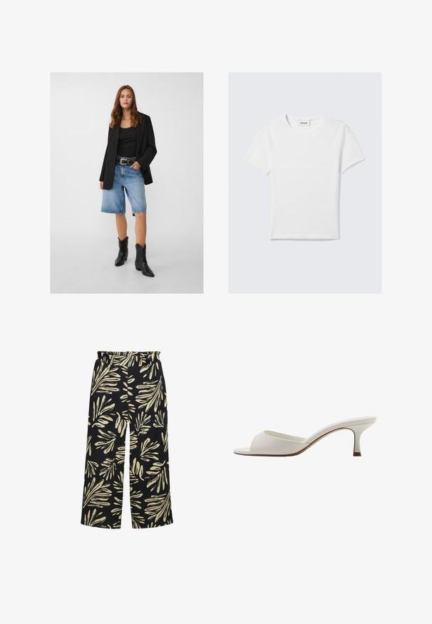 Črn blejzer nad črnim topom, v kombinaciji s svetlo modrimi denim kratkimi hlačami in črnimi kavbojskimi čevlji. Pas ima srebrne zakovice.; Bela kratka majica s kratkimi rokavi iz bombaža. Ima krožni izrez, enostaven dizajn in oznako logotipa na izrezu. Gladka tekstura.; Hlače širokih nogavic z elastičnim pasom, na črnem ozadju, okrašene s kremasto in metino zeleno listnato vzorcem. Teksturirana tkanina.; Bele odprte visoke petke z gladko površino, minimalističnim oblikovanjem in vitko peto, ki ima subtilen rjav odtenek na podplatu.