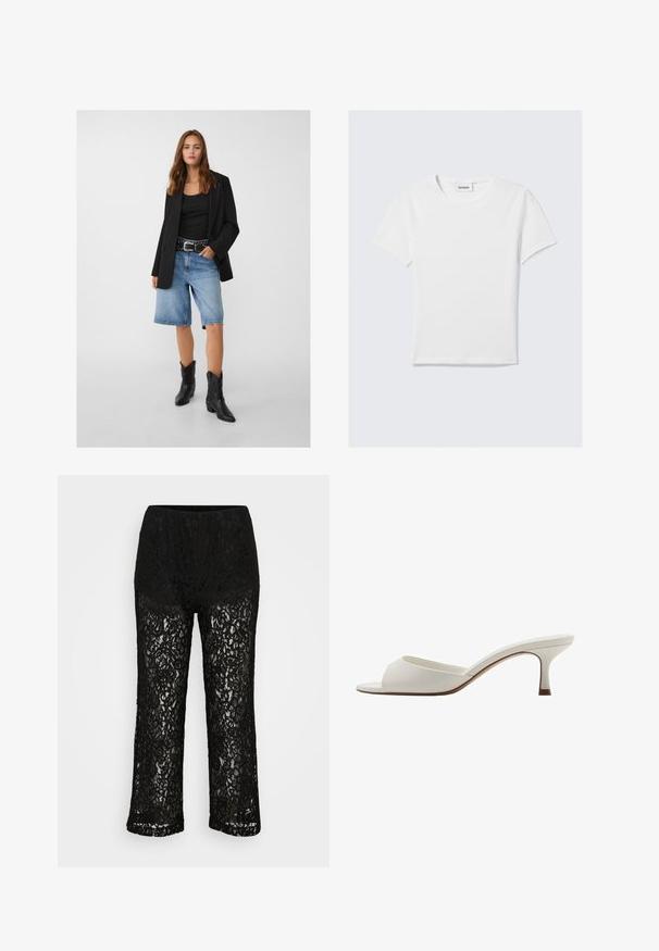 Črn blejzer nad črnim topom, v kombinaciji s svetlo modrimi denim kratkimi hlačami in črnimi kavbojskimi čevlji. Pas ima srebrne zakovice.; Bela kratka majica s kratkimi rokavi iz bombaža. Ima krožni izrez, enostaven dizajn in oznako logotipa na izrezu. Gladka tekstura.; Črne široke hlače iz čipke z neprozornim podložkom, cvetlični vzorec in elastičnim pasom na enobarvni podlagi.; Bele odprte visoke petke z gladko površino, minimalističnim oblikovanjem in vitko peto, ki ima subtilen rjav odtenek na podplatu.