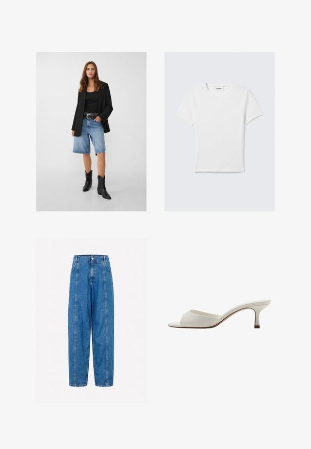 Crna blazerica preko crne kratke majice, uparena s svijetloplavim trapericama i crnim kaubojskim čizmama. Remen ima srebrne zakovice.; Bijela kratka majica s kratkim rukavima od pamuka. Sadrži okrugli izrez, jednostavan dizajn i oznaku logoa na vratnom izrezu. Glatka tekstura.; Svijetloplave traperice s visokim strukom, širokim nogavicama i vidljivim šavovima duž prednjih šavova. Imaju jedan gumb za zatvaranje na struku.; Bijele otvorene sandale s visokom petom, glatke površine, minimalističkog dizajna i uske pete, sa suptilnim smeškastim naglaskom na đonu.