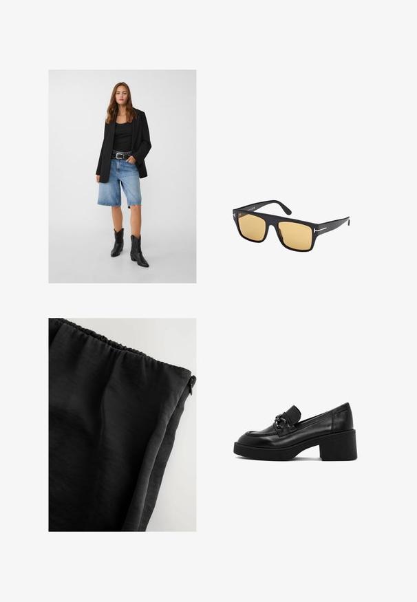 Blazer nero sopra una canotta nera, abbinato a pantaloni di jeans blu chiaro e stivali da cowboy neri. La cintura ha borchie argento.; T-shirt bianco realizzato in un tessuto morbido e leggero. Presenta un collo rotondo e maniche corte e larghe con vestibilità morbida. Nessun motivo visibile.; Tessuto nero con una superficie liscia, cintura elastica e chiusura a zip. Il materiale sembra leggero e leggermente trasparente.; Mocassino in pelle nera con tacco basso, punta arrotondata, cinturino decorativo e dettaglio metallico. Suola testurizzata e design senza cuciture.; Occhiali da sole neri a forma quadrata con lenti gialle. Montatura in acetato elegante, accentuata da dettagli in metallo argentato vicino alle tempie, con un design minimalista.
