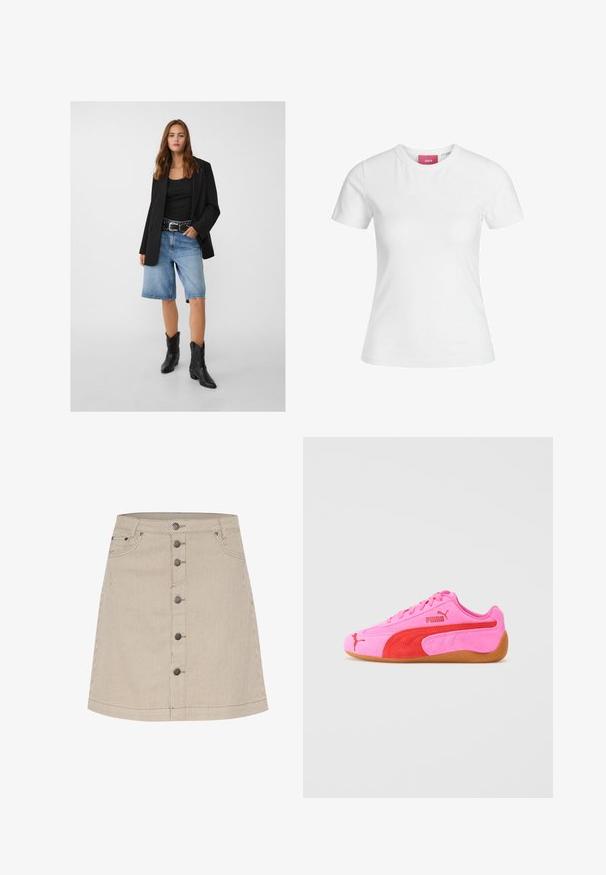 Zwarte blazer over een zwarte tanktop, gecombineerd met lichtblauwe denim shorts en zwarte cowboylaarzen. De riem heeft zilveren studs.; Witte katoenen t-shirt met korte mouwen en een ronde hals. Bevat een roze label aan de binnenkant van de hals. Soepele textuur.; Beige gestreepte denim rok met een uitlopende vorm, voorzien van een sluiting met knopen aan de voorkant, twee zijzakken en subtiele stikdetails.; Roze suède sportieve schoen met rode accenten, een rubberen zool en kenmerkende logodetails. Heeft een ronde neus en een vetersluiting.