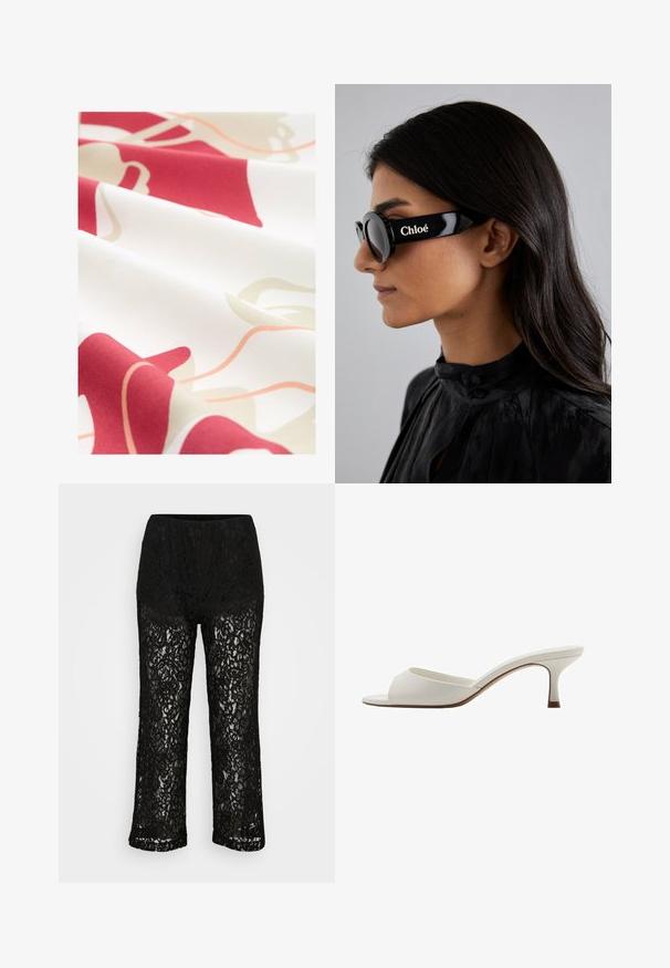 Black blazer over a black tank top, paired with light blue denim shorts and black cowboy boots. The belt has silver studs.; Textile fabric featuring a white base with abstract red and beige floral patterns, smooth texture, and soft, draping quality.; Black lace wide-leg pants with opaque underwear lining, floral pattern, and elastic waistband on plain background.; White open-toed high-heeled mules with a smooth finish, minimalist design, and a slender heel, featuring a subtle brown accent on the sole.; Black sunglasses with round lenses and bold, angular frames featuring the brand "Chloé" in white on the side. Smooth, glossy finish.