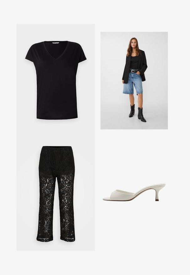 Schwarze Blazer über einem schwarzen Tanktop, kombiniert mit hellblauen Denim-Shorts und schwarzen Cowboy-Stiefeln. Der Gürtel hat silberne Nieten.; Schwarzes Kurzarm-V-Ausschnitt-T-Shirt aus glattem Material. Verfügt über einen klassischen Schnitt mit einer dezenten Naht entlang des Halsausschnitts und der Ärmel.; Schwarze Spitzen-Hosen mit weitem Bein, undurchsichtiger Unterwäsche-Bekleidung, florales Muster und elastischem Bund auf einfarbigem Hintergrund.; Weiße, offene High-Heel-Mules mit glatter Oberfläche, minimalistischer Gestaltung und schlankem Absatz, ausgestattet mit einem subtilen braunen Akzent auf der Sohle.