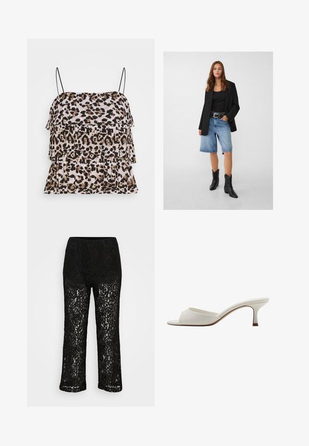 Črn blejzer nad črnim topom, v kombinaciji s svetlo modrimi denim kratkimi hlačami in črnimi kavbojskimi čevlji. Pas ima srebrne zakovice.; Top s tankom z leopardskim vzorcem in večplastnim volanom. Črne spaghetti naramnice. Mehak, teksturiran material v odtenkih bež, rjave in črne barve.; Črne široke hlače iz čipke z neprozornim podložkom, cvetlični vzorec in elastičnim pasom na enobarvni podlagi.; Bele odprte visoke petke z gladko površino, minimalističnim oblikovanjem in vitko peto, ki ima subtilen rjav odtenek na podplatu.