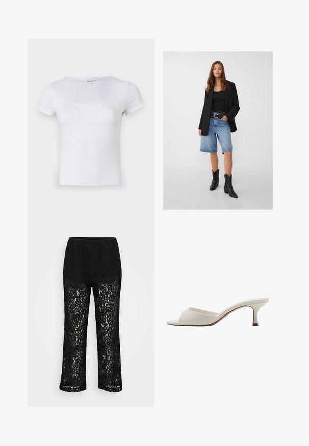 Černý blejzr přes černý tílko, kombinovaný se světle modrými džíny šortkami a černými kovbojskými botami. Opasek má stříbrné hroty.; Bílý tričko s krátkým rukávem a čtvercovým výstřihem, vyrobené z hladké a pružné látky. Obsahuje čisté švy a přiléhavý střih.; Černé krajkové kalhoty širokého střihu s neprůhlednou podšívkou, květinovým vzorem a elastickým pasem na hladkém pozadí.; Bílé otevřené lodičky na vysokém podpatku s hladkým povrchem, minimalistickým designem a štíhlým podpatkem, se slabým hnědým akcentem na podrážce.