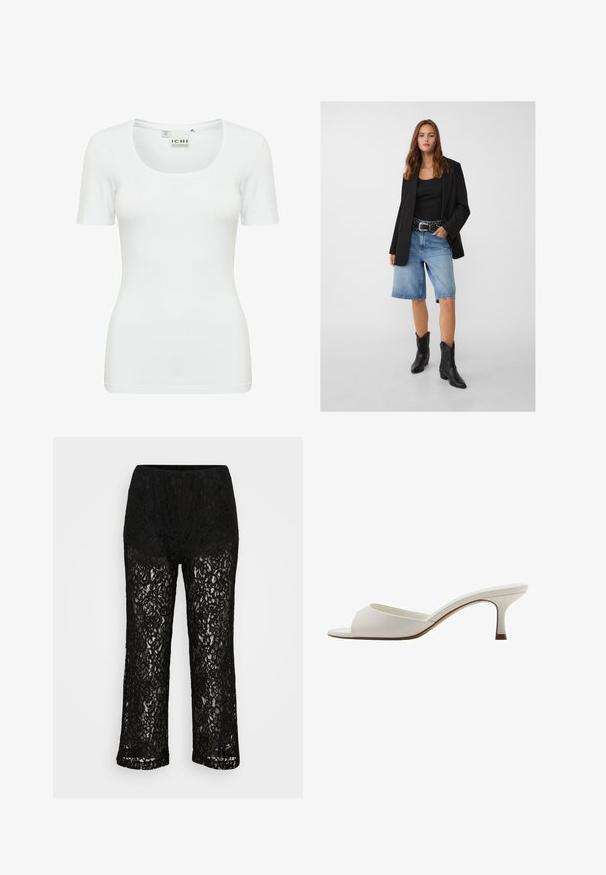 Musta bleiseri mustan tanktopin päällä, yhdistettynä vaaleansinihin farkkushortseihin ja mustiin cowboy-kengiin. Vyössä on hopeisia niittejä.; Valkoinen lyhythihainen t-paita, joka on valmistettu joustavasta kankaasta, jossa on pyöreä kaula-aukko ja slim fit -malli. Paidoissa on sileä pinta eikä niissä ole näkyviä kuvioita.; Mustat pitsihousut leveillä lahkeilla, jossa on opakkia alusvaatetta, kukkakuosi ja joustava vyötärö tavallisella taustalla.; Valkoiset avonaiset korkeakorkoiset mulesit, joissa on sileä pinta, minimalistinen muotoilu ja hoikka korko, ja joissa on hienovarainen ruskea korostus pohjassa.