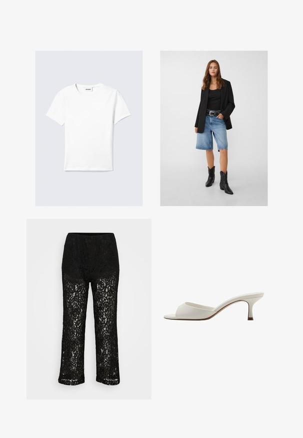 Blazer noir sur un débardeur noir, associé à un short en denim bleu clair et des bottes de cow-boy noires. La ceinture a des clous en argent.; T-shirt blanc à manches courtes en coton, avec un col rond et un ourlet droit. Design minimaliste sans motifs ni accents visibles.; Pantalons larges en dentelle noire avec doublure en dessous opaque, motif floral et taille élastique sur fond uni.; Mules à talons hauts ouverts et blancs avec une finition lisse, un design minimaliste et un talon fin, mettant en avant un accent brun subtil sur la semelle.