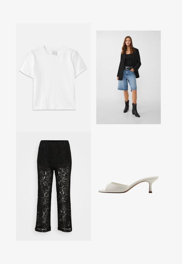 Svart blazer över en svart linne, kombinerat med ljusblå denimshorts och svarta cowboyboots. Bältet har silvernitar.; Vit bomull t-shirt med rund halsringning, korta ärmar och rak fåll. Etikett märkt "Won Hundred" i mitten av halsringningen.; Svarta spetsbyxor med vida ben, opak underbyxa, blommönster och elastisk midja mot en neutral bakgrund.; Vita öppna högklackade mules med en slät yta, minimalistisk design och en slank klack, med en subtil brun accent på sulan.