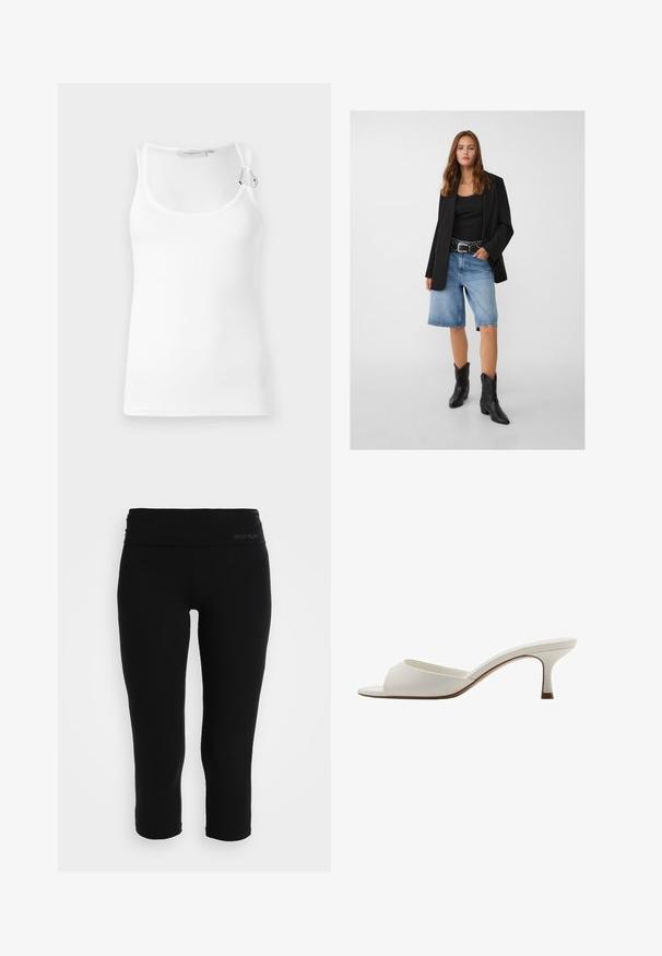 Blazer nero sopra una canotta nera, abbinato a pantaloni di jeans blu chiaro e stivali da cowboy neri. La cintura ha borchie argento.; Top in cotone bianco a costine con scollatura rotonda e spalline regolabili. Tessuto liscio con una vestibilità aderente.; Leggings capri neri realizzati in tessuto elastico. Presentano una vita alta con un branding discreto. Tessuto liscio e design aderente.; Mule con tacco alto, aperti davanti e di colore bianco, con una finitura liscia, design minimalista e tacco slanciato, caratterizzati da un sottile accento marrone sulla suola.