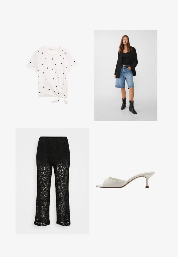 Czarna marynarka na czarnym topie na ramiączkach, zestawiona z jasnoniebieskimi dżinsowymi szortami i czarnymi kowbojkami. Pasek ma srebrne ćwieki.; Biała koszulka z krótkim rękawem, z rozproszeniem czarnych i jasnoróżowych serc. Zawiera związany detal na dole.; Czarne koronkowe spodnie o szerokich nogawkach z nieprzezroczystą podszewką, kwiatowy wzór i elastyczny pas na jednolitym tle.; Białe, otwarte na palcach mule na wysokim obcasie o gładkim wykończeniu, minimalistycznym designie i smukłym obcasie, z subtelnym brązowym akcentem na podeszwie.