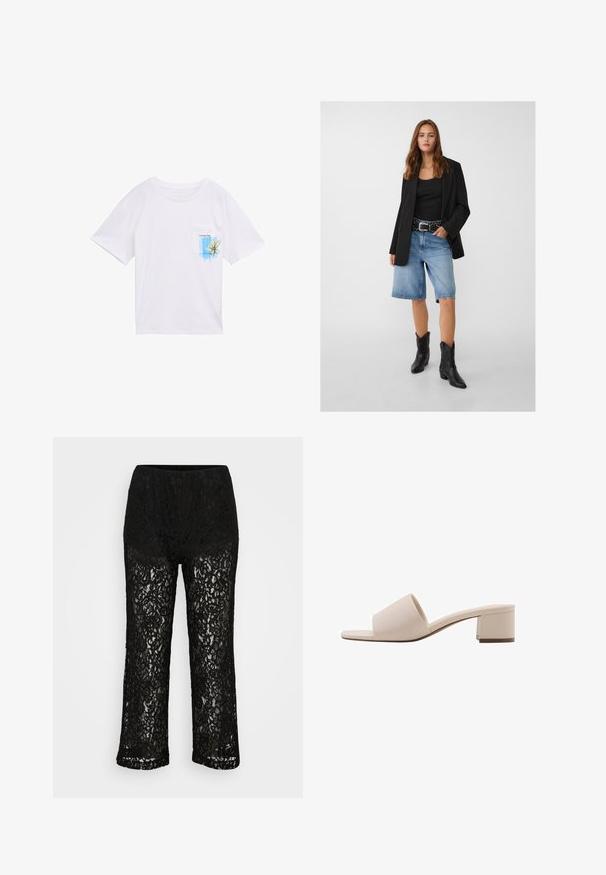 Sort blazer over en sort tanktop, parret med lyseblå denimshorts og sorte cowboy støvler. Bæltet har sølvnitter.; Hvid bomulds t-shirt med korte ærmer, rund halsudskæring og lomme på venstre bryst, der har et blåt grafisk motiv og teksten "Lovely Day."; Sorte blonde viddebukser med uigennemsigtig underbuksefor, blomster mønster og elastisk talje på ensfarvet baggrund.; Beige blokhælede sandal med en bred rem og åben tå. Glat materiale og strømlinet design. Kort, solid hæl for stabilitet.