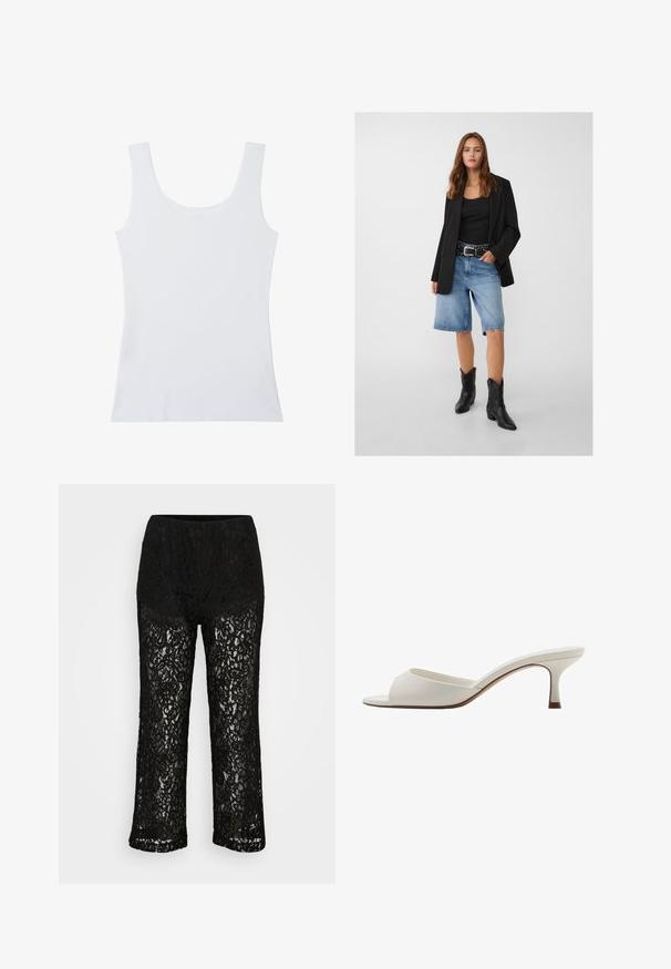 Schwarze Blazer über einem schwarzen Tanktop, kombiniert mit hellblauen Denim-Shorts und schwarzen Cowboy-Stiefeln. Der Gürtel hat silberne Nieten.; Schlichtes weißes ärmelloses Tanktop mit breiten Schulterträgern und Rundhalsausschnitt, vor einem weißen Hintergrund präsentiert.; Schwarze Spitzen-Hosen mit weitem Bein, undurchsichtiger Unterwäsche-Bekleidung, florales Muster und elastischem Bund auf einfarbigem Hintergrund.; Weiße, offene High-Heel-Mules mit glatter Oberfläche, minimalistischer Gestaltung und schlankem Absatz, ausgestattet mit einem subtilen braunen Akzent auf der Sohle.
