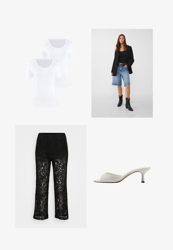 Čierny blejzer cez čierne tielko, doplnený svetlomodrými denimovými šortkami a čiernymi kovbojskými čižmami. Opasok má strieborné cvoky.; Dvoje bielych tričiek s krátkymi rukávmi a okrúhlym výstrihom, vyrobených z jemnej bavlnenej tkaniny, s hladkou textúrou a čistým dizajnom.; Čierne čipkované nohavice so širokými nohavicami, nepriehľadným podšívkovým materiálom, kvetinovým vzorom a elastickým pásom na jednofarebnom pozadí.; Biele sandále na vysokom podpätku otvorené na špičke s hladkým povrchom, minimalistickým dizajnom a štíhlym podpätkom, s jemným hnedým akcentom na podrážke.
