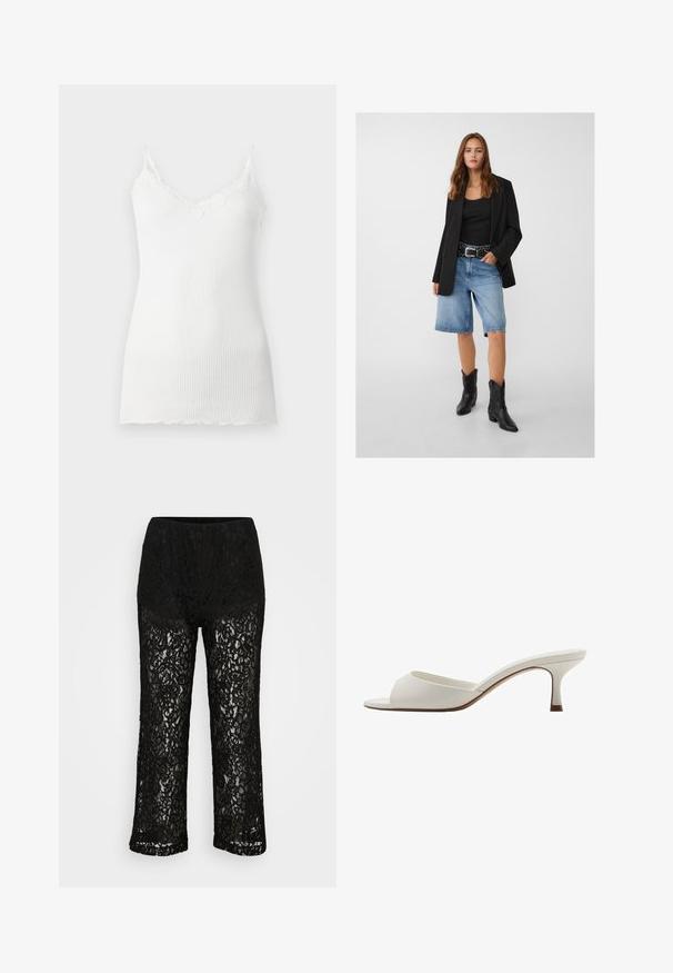 Blazer noir sur un débardeur noir, associé à un short en denim bleu clair et des bottes de cow-boy noires. La ceinture a des clous en argent.; Camisole blanche côtelée avec une bordure en dentelle le long de l'encolure en V et des bretelles spaghetti. Le tissu semble doux et léger.; Pantalons larges en dentelle noire avec doublure en dessous opaque, motif floral et taille élastique sur fond uni.; Mules à talons hauts ouverts et blancs avec une finition lisse, un design minimaliste et un talon fin, mettant en avant un accent brun subtil sur la semelle.