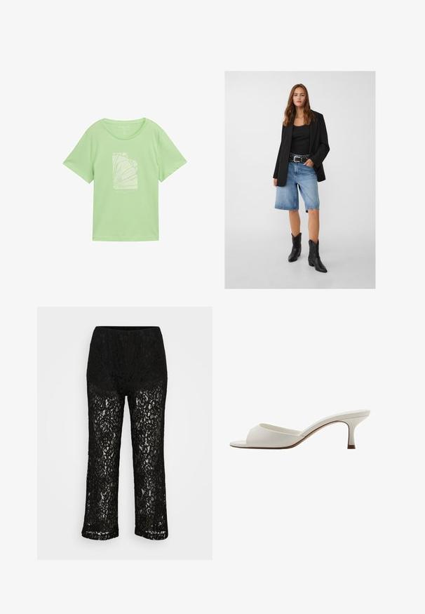 Sort blazer over en sort tanktop, parret med lyseblå denimshorts og sorte cowboy støvler. Bæltet har sølvnitter.; Lys grøn bomulds T-shirt med afslappet pasform, der har et hvidt grafisk print, der viser abstrakte linjer og tekst nedenfor. Korte ærmer, rund halsudskæring.; Sorte blonde viddebukser med uigennemsigtig underbuksefor, blomster mønster og elastisk talje på ensfarvet baggrund.; Hvide åbne højhælede mules med en glat finish, minimalistisk design og en slank hæl, der har en subtil brun accent på sålen.