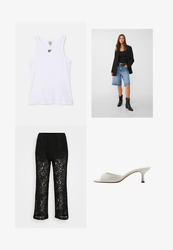 Blazer nero sopra una canotta nera, abbinato a pantaloni di jeans blu chiaro e stivali da cowboy neri. La cintura ha borchie argento.; Canotta bianca in cotone con scollatura tonda e spalline di media larghezza. Presenta un piccolo logo nero nella zona del petto. Tessuto morbido.; Pantaloni a gamba larga in pizzo nero con fodera opaca, motivo floreale e vita elastica su sfondo semplice.; Mule con tacco alto, aperti davanti e di colore bianco, con una finitura liscia, design minimalista e tacco slanciato, caratterizzati da un sottile accento marrone sulla suola.