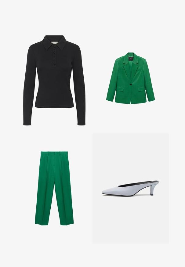 Vihreä bleiseri, joka on valmistettu sileästä kankaasta, varustettu viistoilla kauluksilla, yhdellä napilla suljettuna, kahdella etutaskulla ja virtaviivaisella siluetilla.; Musta pitkähihainen polo paita, jossa on ribbikuvio, nappilista ja hillitty logo. Ominaisuuksiin kuuluu klassinen kauluksen muoto.; Vihreät leveälahkeiset housut korkealla vyötäröllä, pleat-edessä, sileä pinta ja muotoiltu siluetti. Ei näkyvää metalliosaa tai kuvioita.; Vaaleansiniset patentoidut korkokengät, joissa on terävä kärki, matala läpinäkyvä korko ja tyylikäs muotoilu, jossa on aukko vampissa.