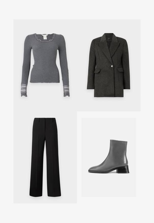 Sötétszürke, egygombos blazer széles hajtókákkal és zsebekkel, testhez simuló fazonban, hosszú ujjal, egy sima fehér háttér előtt.; Szürke, hosszú ujjú bordás felső, fodros nyakkivágással és csipkeborítású mandzsettával, amely texturált mintázattal rendelkezik.; Fekete, széles szárú nadrág sima anyagból, szabott fazonnal, övhurkokkal és látható minták vagy díszítések nélkül.; Szürke bőr bokacsizma lekerekített orral és rövid, réteges fekete sarokkal. Simás textúra minimális díszítéssel.