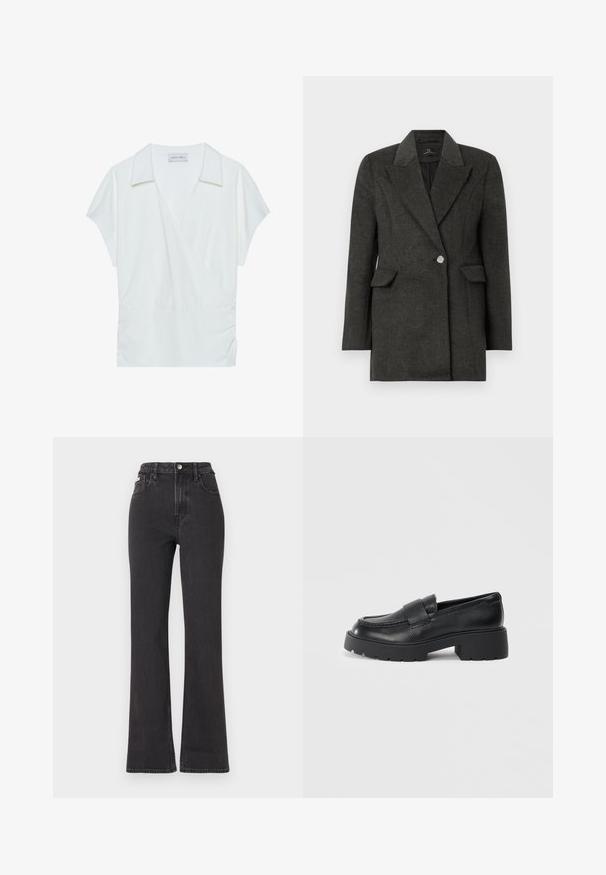 Tmavosivý jednozložený blejzer so širokými klopami a vreckami so preklopom, prispôsobený strih, dlhé rukávy na bielom pozadí.; Biela blúzka s rolákovým výstrihom vyrobená z hladkého materiálu, s krátkymi rukávmi a zhrnutím v oblasti pásu pre uvoľnený strih.; Čierne džíny s vysokým pásom a rozšírenými nohavicami vyrobené z denimu, s gombíkovým zapínaním, pútkami na opasok a bočnými vreckami. Hladká textúra s minimálnym ošúchaním.; Čierne kožené loafery s textúrovaným povrchom, s obdĺžnikovým prúžkom cez priehlavok a robustným, drsným designom podrážky.