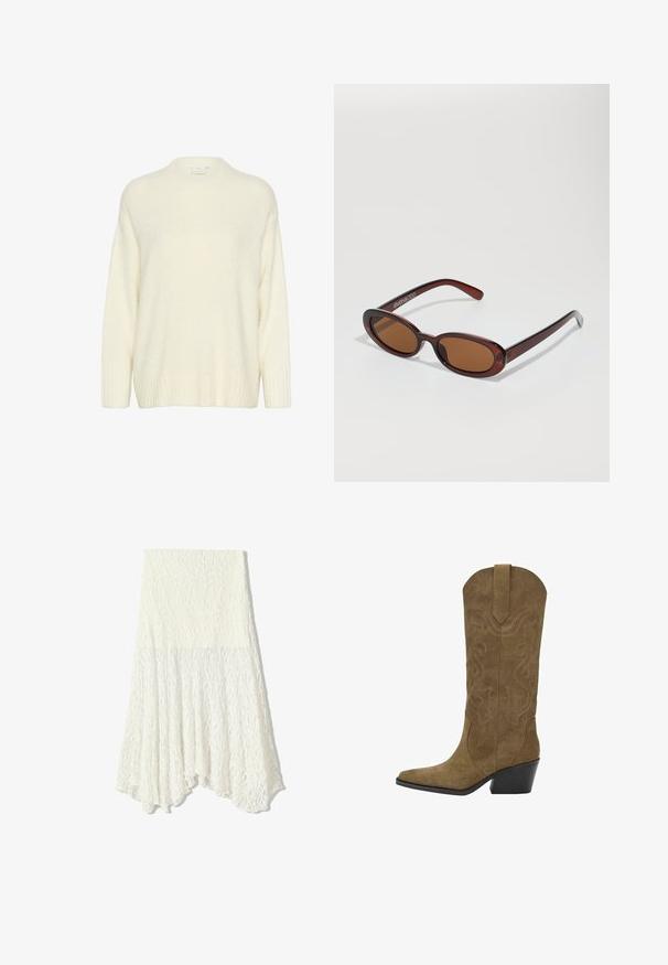 Blazer bleu marine à rayures, fabriqué en tissu ajusté. Il présente un revers accentué, deux poches avant et une fermeture à un bouton.; Pull crème en tissu doux et fluffy. Présente un col rond, des manches longues, et des bords côtelés au niveau des poignets et de l'ourlet pour une texture ajoutée.; Jupe en dentelle blanche avec un motif texturé, présentant un ourlet asymétrique et une silhouette fluide, fabriquée en tissu léger.; Botte de cowboy en daim marron mi-mollet avec des motifs en spirale brodés, bout pointu, tirette et talon empilé noir incliné.; Lunettes de soleil rondes teinte brun avec une monture bordeaux brillante. Branches fines avec un détail de marque subtil. Design de verres plats.
