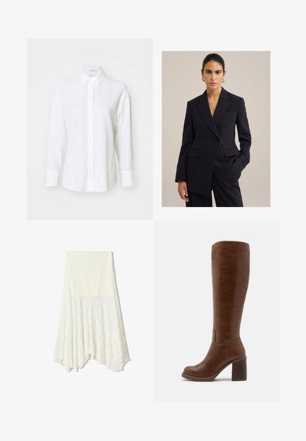 Blazer a righe navy realizzato in tessuto su misura. Presenta un colletto appuntito, due tasche frontali e una chiusura con un solo bottone.; Camicia in lino bianco con colletto classico, maniche lunghe e chiusura a bottoni. Presenta una vestibilità comoda e una sottile texture su tutta la superficie.; Gonna bianca in pizzo con un motivo testurizzato, caratterizzata da un orlo asimmetrico e una silhouette fluida, realizzata in tessuto leggero.; Stivali marroni al ginocchio realizzati in morbida pelle sintetica, con punta rotonda, tacco a blocco con scanalature verticali e un design minimale.