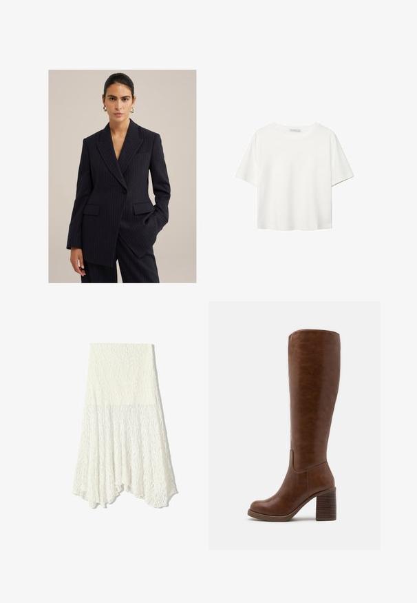 Námornícky blejzer s prúžkami vyrobený z prispôsobeného materiálu. Disponuje ostrým klopom, dvoma prednými vreckami a zapínaním na jeden gombík.; Biela krátkopsová tričko vyrobené z bavlny. Má okrúhly výstrih a voľný strih. Hladká textúra bez viditeľných vzorov alebo akcentov.; Biela čipkovaná sukňa s textúrovaným vzorom, s asymetrickým lemom a splývavým strihom, vyrobená z ľahkej textílie.; Hnedé čižmy po kolená vyrobené z hladkej syntetickej kože, s okrúhlou špičkou, blokovým podpätkom s vertikálnymi drážkami a minimalistickým dizajnom.