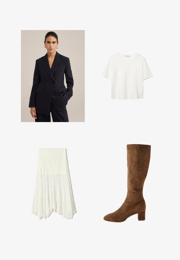 Granatowa marynarka w prążki wykonana z dopasowanego materiału. Posiada ostre klapy, dwie przednie kieszenie oraz zapięcie na jeden guzik.; Biała koszulka z krótkim rękawem, wykonana z bawełny. Posiada okrągły dekolt i luźny krój. Gładka faktura bez widocznych wzorów czy akcentów.; Biała koronkowa spódnica z teksturowanym wzorem, z asymetrycznym dołem i zwiewną sylwetką, wykonana z lekkiego materiału.; Brązowy zamszowy półbut wysokości kolan z wysmukłym czubkiem i blokowym obcasem, charakteryzujący się gładką teksturą i starannym przeszyciem wzdłuż krawędzi.