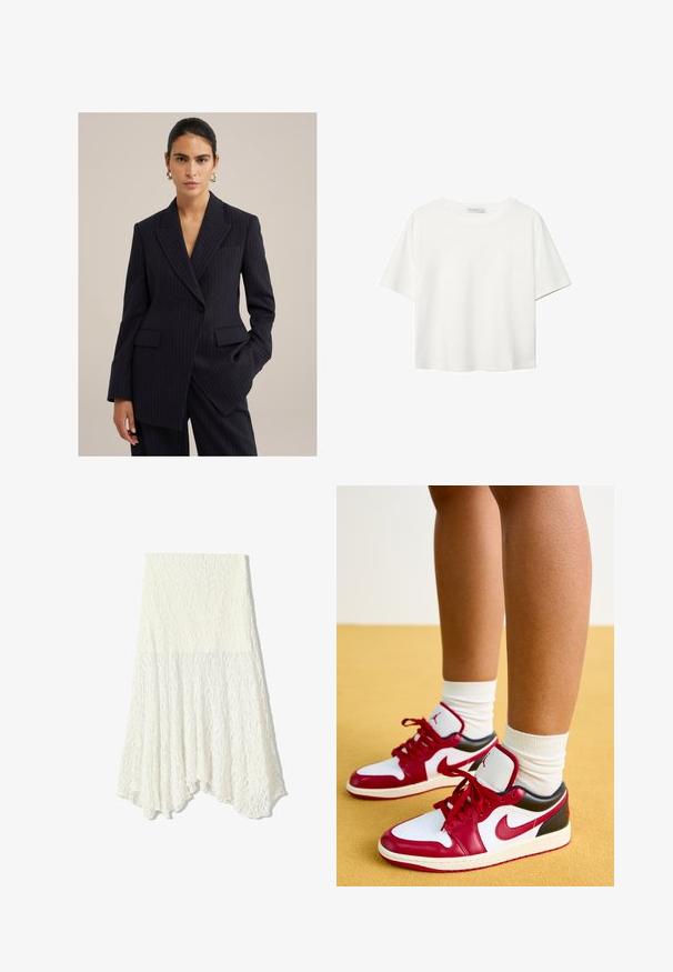 Granatowa marynarka w prążki wykonana z dopasowanego materiału. Posiada ostre klapy, dwie przednie kieszenie oraz zapięcie na jeden guzik.; Biała koszulka z krótkim rękawem, wykonana z bawełny. Posiada okrągły dekolt i luźny krój. Gładka faktura bez widocznych wzorów czy akcentów.; Biała koronkowa spódnica z teksturowanym wzorem, z asymetrycznym dołem i zwiewną sylwetką, wykonana z lekkiego materiału.; Jordan AIR JORDAN 1 czerwony