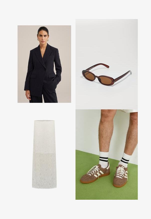 Blazer bleu marine à rayures, fabriqué en tissu ajusté. Il présente un revers accentué, deux poches avant et une fermeture à un bouton.; T-shirt blanc à manches courtes en coton. Doté d'un col ras du cou et d'une coupe décontractée. Texture lisse sans motifs ni accents visibles.; Abat-jour en dentelle blanc, de forme cylindrique avec un motif floral, texture transparente, et bord supérieur lisse. S'adapte à un support d'ampoule standard.; Baskets en daim marron avec des accents et des lacets blancs. Semelle en caoutchouc gomme. Portées avec des chaussettes blanches à rayures noires. Sol texturé vert.; Lunettes de soleil rondes teinte brun avec une monture bordeaux brillante. Branches fines avec un détail de marque subtil. Design de verres plats.; Vagabond CANNES - Cabas - coffee