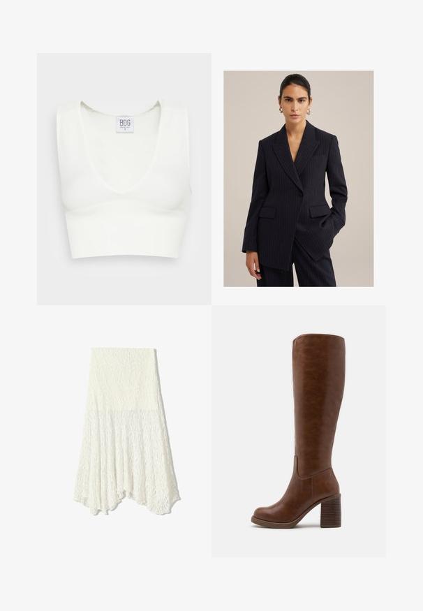 Marineblauwe pinstripe blazer van op maat gemaakte stof. Het heeft een scherpe revers, twee voorkeurszakken en een sluiting met één knop.; Witte geribbelde crop top met een diepe V-halslijn en brede schouderbanden. Label zichtbaar met de merknaam "BDG" en maat "S." Glad textuur.; Witte kanten rok met een gestructureerd patroon, voorzien van een asymmetrische zoom en een vloeiende silhout, gemaakt van lichtgewicht stof.; Bruine kniehoge laarzen van glad faux leer, met een ronde neus, blokhak met verticale groeven en een minimalistisch ontwerp.