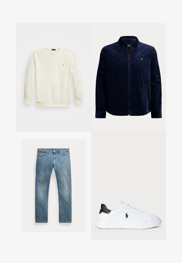 Tamsiai mėlynas korduro grotelėtas švarkas su priekiu užtrauktuku, apykakle ir dviem šoniniais kišenėmis. Kairėje krūtinės pusėje yra nedidelis žalias logotipas.; Polo Ralph Lauren Big & Tall LOOPBACK FLEECE SWEATSHIRT - Sportinis megztinis - clubhouse cream; Šviesiai mėlynos džinsinės kelnės su tiesia kirpimu, mygtukų užsegimu, penkiais kišenėmis, švelnia nublukimu ir siūlų akcentais.; Balti žemesnio profilio sportiniai bateliai su juodu kulno užtrauktuku ir juodu Polo Ralph Lauren logotipu šone, su baltais raišteliais ir storu guminiu padu.