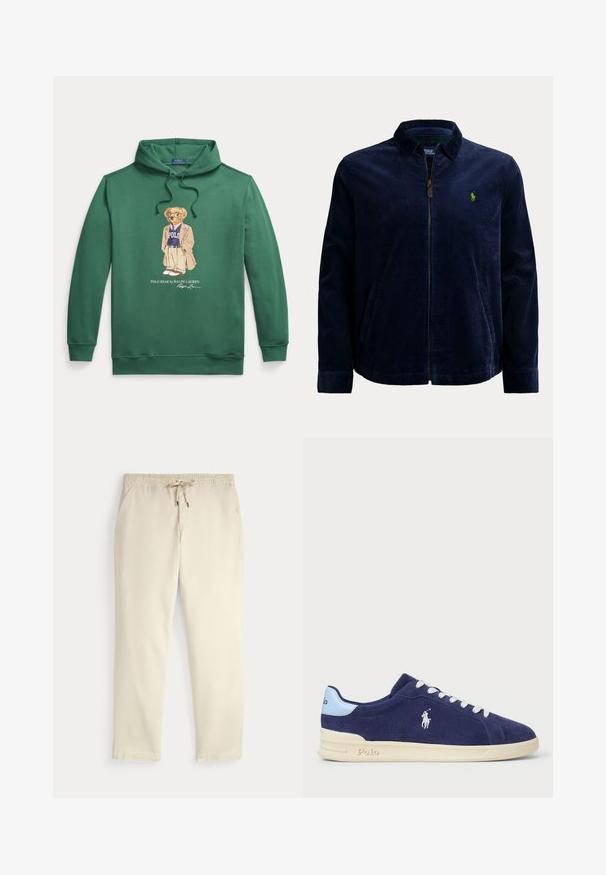 Tumši zils kordurojuma žakete ar priekšējo rāvējslēdzēju, apkakli un divām sānu kabatām. Kreisajā krūtīs ir neliels zaļš logs.; Zaļš kapucīna džemperis ar centrālo grafiku, kurā attēlots ģērbts lācis. Audums no kokvilnas un sintētiskām šķiedrām, ribota apkakle un apakšmala.; Off-white ikdienas bikses ar elastīgu jostu un auklu, taisnām kājām un sānu kabatām uz vienkārša fona.; Tumši zili samta čības ar baltām šņorēm un krēmkrāsas gumijas zoli. Tām ir gaiši zila akcenta krāsa un neliels izšūts logs sānos.