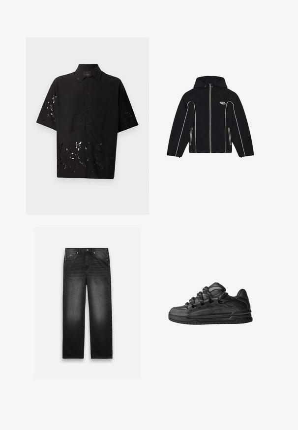 Černá bunda s kapucí, zdobená bílými akcenty a zipy, vyrobená z hladké tkaniny. Obsahuje logo na hrudi a dvě boční kapsy.; Černá košile s krátkým rukávem má límečkový výstřih a vykrojený květinový vzor podél lemování, s předními knoflíkovými zapínáními a hladkým povrchem.; Černé džíny z denimu s rovnými nohavicemi, pěti kapsami a vybledlým vzhledem. Disponují předním zapínáním na knoflík a zip.; Černé tenisky s hladkým koženým svrškem, texturovanými akcenty a kulatými černobílými tkaničkami. Silná gumová podrážka s vzorovaným dezénem.
