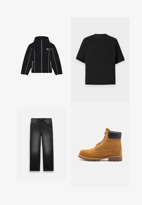 Zwarte jas met een capuchon, voorzien van witte accenten en ritsen, gemaakt van gladde stof. Inclusief een logo op de borst en twee zijzakken.; Zwarte T-shirt met korte mouwen in een losse pasvorm, gemaakt van zachte katoen, met een ronde halslijn en een minimalistisch ontwerp.; Zwarte denim jeans met een rechte pijpdesign, vijf zakken en een vervaagde textuur. Voorzien van een knoop- en ritssluiting aan de voorkant.; Tan suède enkelboot met zwart gevoerd kraagje, gouden metalen oogjes, witte stikdetails en een robuuste rubberen zool met uitgesproken profiel.