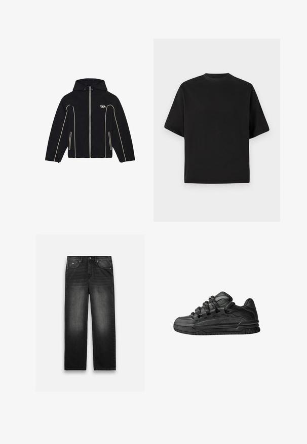 Musta takki hupulla, jossa on valkoisia yksityiskohtia ja vetskareita, valmistettu sileästä kankaasta. Sisältää logon rinnassa ja kaksi sivutaskua.; Musta lyhythihainen T-paita väljästi istuvana, valmistettu sileästä puuvillasta, jossa on pyöreä pääntie ja minimalistinen muotoilu.; Mustat farkut suoranlahkeisella muotoilulla, viidellä taskulla ja haalistuneella tekstuurilla. Varustettu etupainikkeella ja vetoketjulla.; Mustat tennarit, joissa on sileä nahkapinta, teksturoituja yksityiskohtia ja pyöreät musta-valkoiset nauhat. Paksu kumipohja, jossa on kuvioitu pinta.