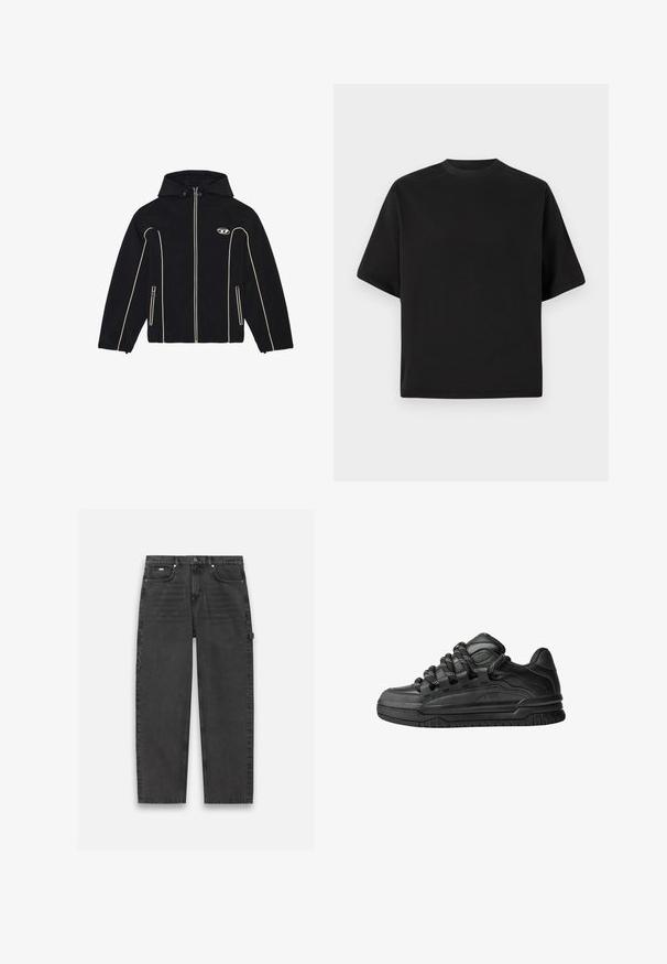 Czarna kurtka z kapturem, z białymi akcentami i zamkami, wykonana z gładkiego materiału. Posiada logo na piersi oraz dwie boczne kieszenie.; Czarna, krótka koszulka w luźnym kroju, wykonana z gładkiej bawełny, z okrągłym dekoltem i minimalistycznym designem.; Ciemnoszare dżinsy o prostym kroju, pięć kieszeni, widoczny guzik i zamek błyskawiczny. Charakteryzują się minimalnymi detalami.; Czarne sneakersy z gładką skórzaną cholewką, teksturowanymi akcentami i okrągłymi czarno-białymi sznurowadłami. Gruba gumowa podeszwa z wzorzystym bieżnikiem.