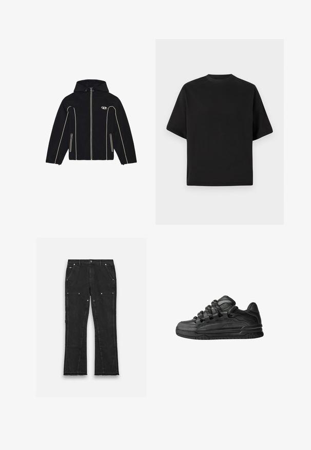 Černá bunda s kapucí, zdobená bílými akcenty a zipy, vyrobená z hladké tkaniny. Obsahuje logo na hrudi a dvě boční kapsy.; Černé tričko s krátkým rukávem v volném střihu, vyrobené z hladké bavlny, s kulatým výstřihem a minimalistickým designem.; Černé džíny s rovnými nohavicemi, obsahující dvě přední kapsy, kovové detaily a surový lem na spodní části.; Černé tenisky s hladkým koženým svrškem, texturovanými akcenty a kulatými černobílými tkaničkami. Silná gumová podrážka s vzorovaným dezénem.
