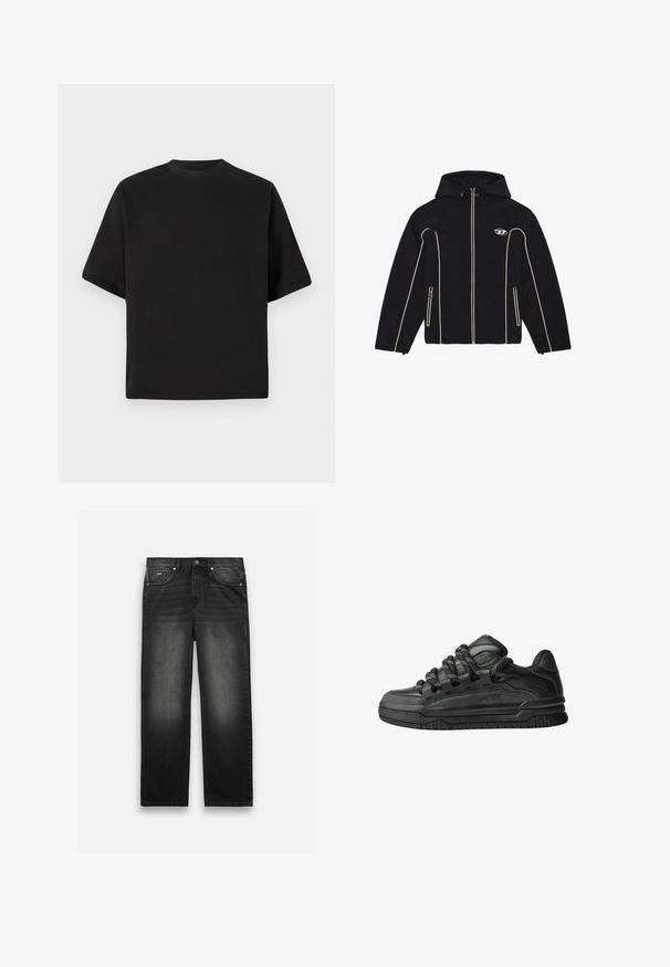 Schwarze Jacke mit Kapuze, mit weißen Akzenten und Reißverschlüssen, aus glattem Stoff. Enthält ein Logo auf der Brust und zwei seitliche Taschen.; Schwarzes T-Shirt mit kurzen Ärmeln in lockerer Passform, aus glattem Baumwollmaterial, mit rundem Ausschnitt und minimalistischem Design.; Schwarze Jeans aus Denim mit geradem Beinschnitt, fünf Taschen und einem abgewetzten Look. Verfügt über einen Knopf und einen Reißverschluss an der Vorderseite.; Schwarze Sneakers mit einem glatten Leder-Obermaterial, strukturierten Akzenten und runden schwarz-weißen Schnürsenkeln. Dicke Gummisohle mit einem gemusterten Profil.