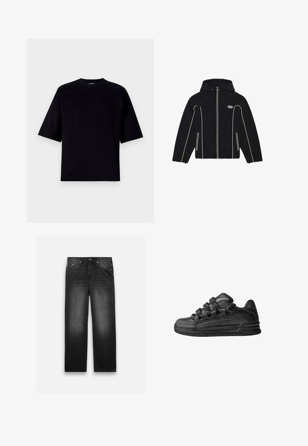 Črna jakna s kapuco, ki ima bele detajle in zadrge, izdelana iz gladkega materiala. Vključuje logo na prsih in dve stranski žep.; Črna kratka majica s kratkimi rokavi iz bombaža. Ima okroglo izrezan ovratnik in sproščen kroj z gladko teksturo ter brez vzorcev ali okrasnih elementov.; Črne jeans hlače s ravnim krojem, petimi žepi in zbledelim videzom. Imajo sprednji gumb in zadrgo.; Črne superge z gladkim usnjenim zgornjim delom, teksturiranimi detajli in okroglimi črnimi ter belimi vezalkami. Debel gumijast podplat z vzorčastim profilom.