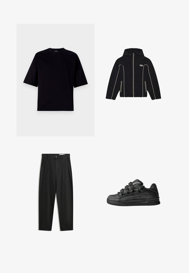 Fekete kapucnis dzseki, fehér részletekkel és cipzárakkal, sima anyagból készült. Tartalmaz egy logót a mellkason és két oldalzsebet.; Fekete, rövid ujjú pamut póló. Kerek nyakkivágással és laza szabással rendelkezik, sima textúrájú, minta és díszítés nélkül.; Fekete pamut nadrág laza szabással, klasszikus derékrésszel, elülső hajtásokkal és oldalsó zsebekkel. Simább textúra minta nélkül.; Fekete sportcipők sima bőrből készült felső résszel, struktúrált kiegészítőkkel, valamint kerek fekete és fehér fűzőkkel. Vastag gumitalp mintázott bordázattal.