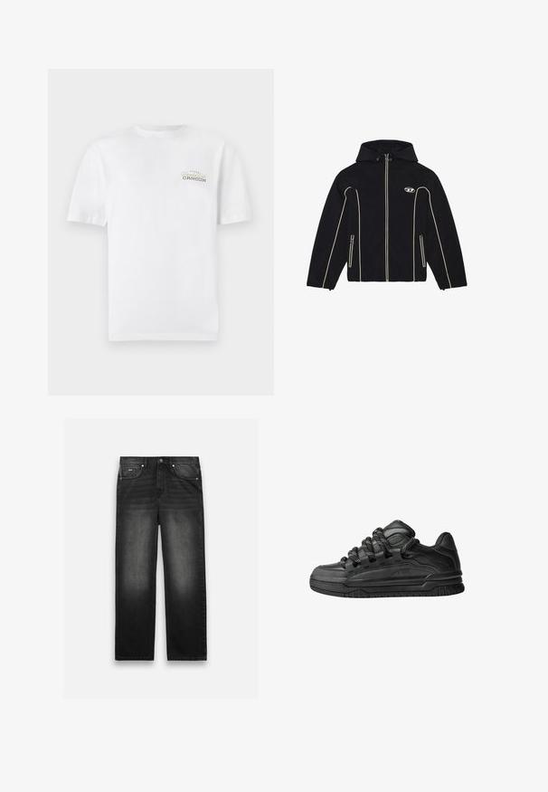 Black jacket with a hood, featuring white accents and zippers, made of smooth fabric. Includes a logo on the chest and two side pockets.; White cotton t-shirt with short sleeves, crew neckline, and a small printed logo in black and gold that reads "Cancun."; Black denim jeans with a straight-leg design, five pockets, and a faded texture. Features a front button and zip closure.; Black sneakers with a smooth leather upper, textured accents, and round black and white laces. Thick rubber sole with a patterned tread.