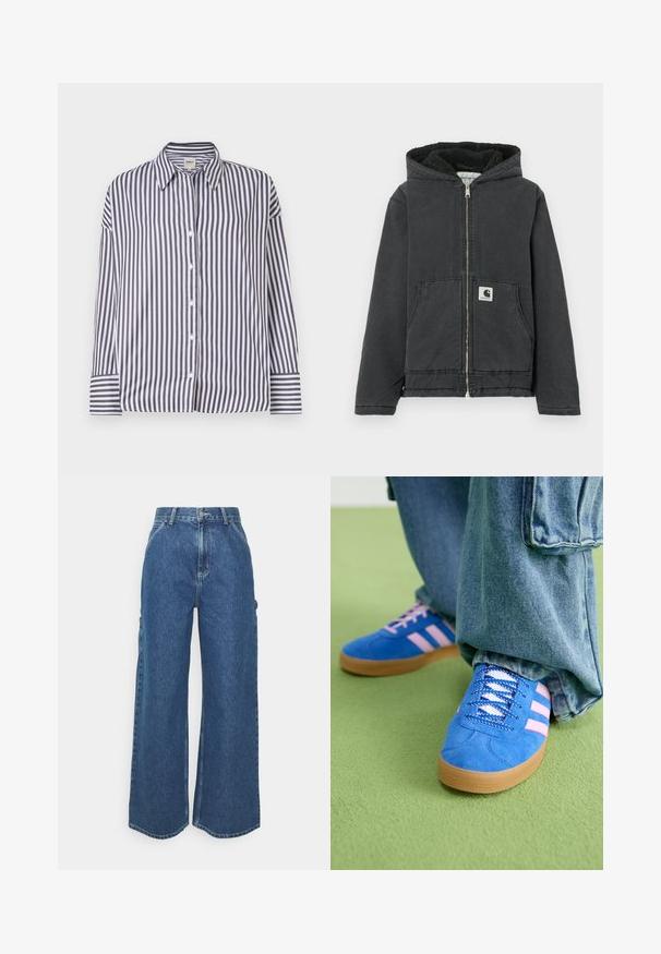 Must kapuutsiga jakk, millel on ees tõmblukk, fliisvooder, kaks eesmist taskut ja logoga silt. Valmistatud vastupidavast materjalist lõdva lõikega.; Ribaga nööbitav särk, kus on vertikaalsed mustad ja valged jooned, krae, pikad varrukad ning nööpidega mansetid. Sile puuvillane materjal.; Laiene jalad sinised denim püksid kõrge vöökohaga, kontrastsete õmblustega ja küljetaskutega, klassikalise viie taskuga disainiga ja toore servaga.; Sinised sametkingad roosade triipudega ja valgete paeltega, millel on kummist tallad, kombineeritud laia teksapükstega rohelisel pinnal.