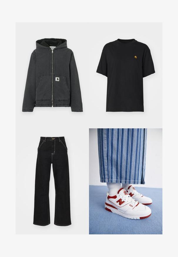 Fekete kapucnis dzseki cipzáras elejjel, polár béléssel, két első zsebbel és logóval ellátott címkével. Tartós anyagból készült, laza szabással.; Fekete pamut póló laza szabással. Kerek nyakkal és rövid ujjakkal rendelkezik. A mellkason egy kis arany hímzett logó található.; Fekete, széles szárú farmernadrág, kontrasztos fehér varrással és elülső gombos záródással, két ferde elülső zsebbel.; Fehér és piros New Balance 550 tornacipők perforált díszítésekkel és vastag gumitalpakkal, fehér bordás zoknikkal és csíkos farmernadrággal párosítva.