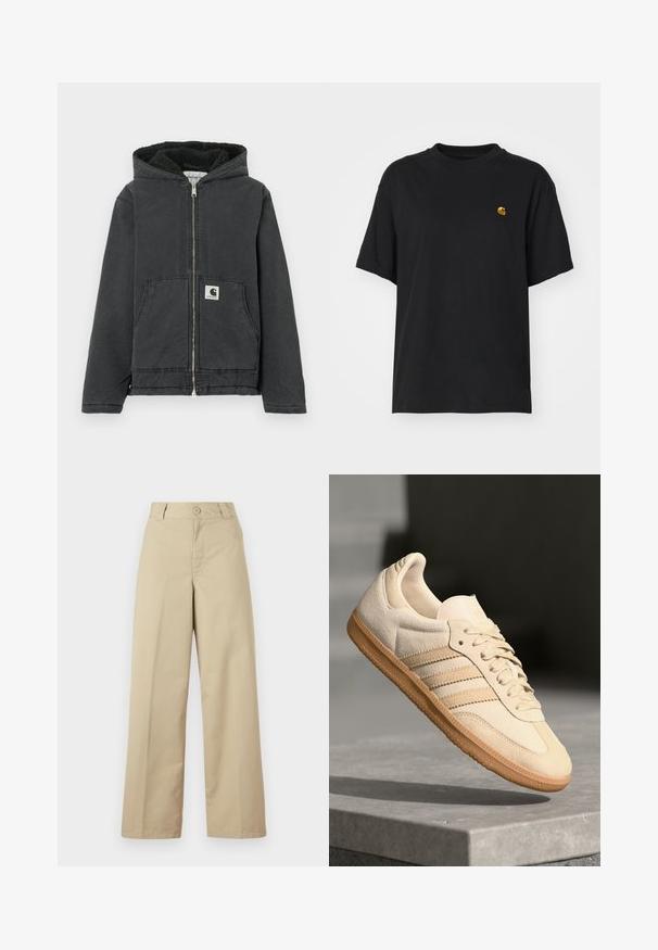 Casaco preto com capuz, fecho de correr à frente, forro de lã, dois bolsos frontais e etiqueta com logótipo. Feito de material resistente com um corte descontraído.; T-shirt de algodão preto com um corte descontraído. Apresenta um decote redondo e mangas curtas. Inclui um pequeno logotipo bordado a dourado no peito.; Calças largas bege feitas de algodão, com fecho de botão, passantes para cinto e frente lisa com detalhes mínimos.; Sapatilha de camurça bege clara com sola de borracha, três riscas diagonais e uma biqueira texturizada. Apresenta o logótipo na língua e na lateral.