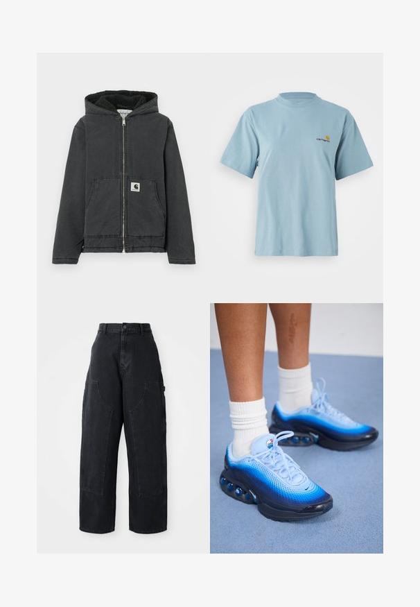 Casaco preto com capuz, fecho de correr à frente, forro de lã, dois bolsos frontais e etiqueta com logótipo. Feito de material resistente com um corte descontraído.; T-shirt de algodão de manga curta azul claro com decote redondo e pequeno logótipo da Carhartt em amarelo e vermelho no lado esquerdo do peito.; Calças cargo largas de ganga preta com uma cintura alta, dois bolsos frontais grandes e um fecho de botão na cintura. Textura suave, design casual.; Ténis azuis e pretos com parte superior em malha, design em gradiente e amortecimento arredondado na sola. Usados com meias brancas em rímpia.