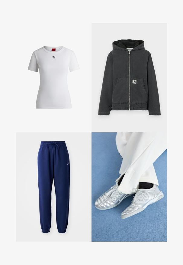 Casaco preto com capuz, fecho de correr à frente, forro de lã, dois bolsos frontais e etiqueta com logótipo. Feito de material resistente com um corte descontraído.; T-shirt branca de algodão com decote redondo e mangas curtas. Apresenta um pequeno logotipo preto "HUGO" no peito. Textura suave.; Calças de fato de treino azul marinho feitas de um tecido suave, com uma cintura elástica com cordão, punhos elásticos e um pequeno logótipo branco.; Tênis atléticos prateados com um acabamento liso e brilhante, apresentando um design costurado e o número 90 na lateral, combinados com calças brancas.